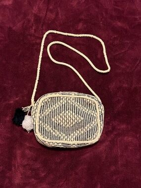 Old Navy blue and white woven tasseled purse